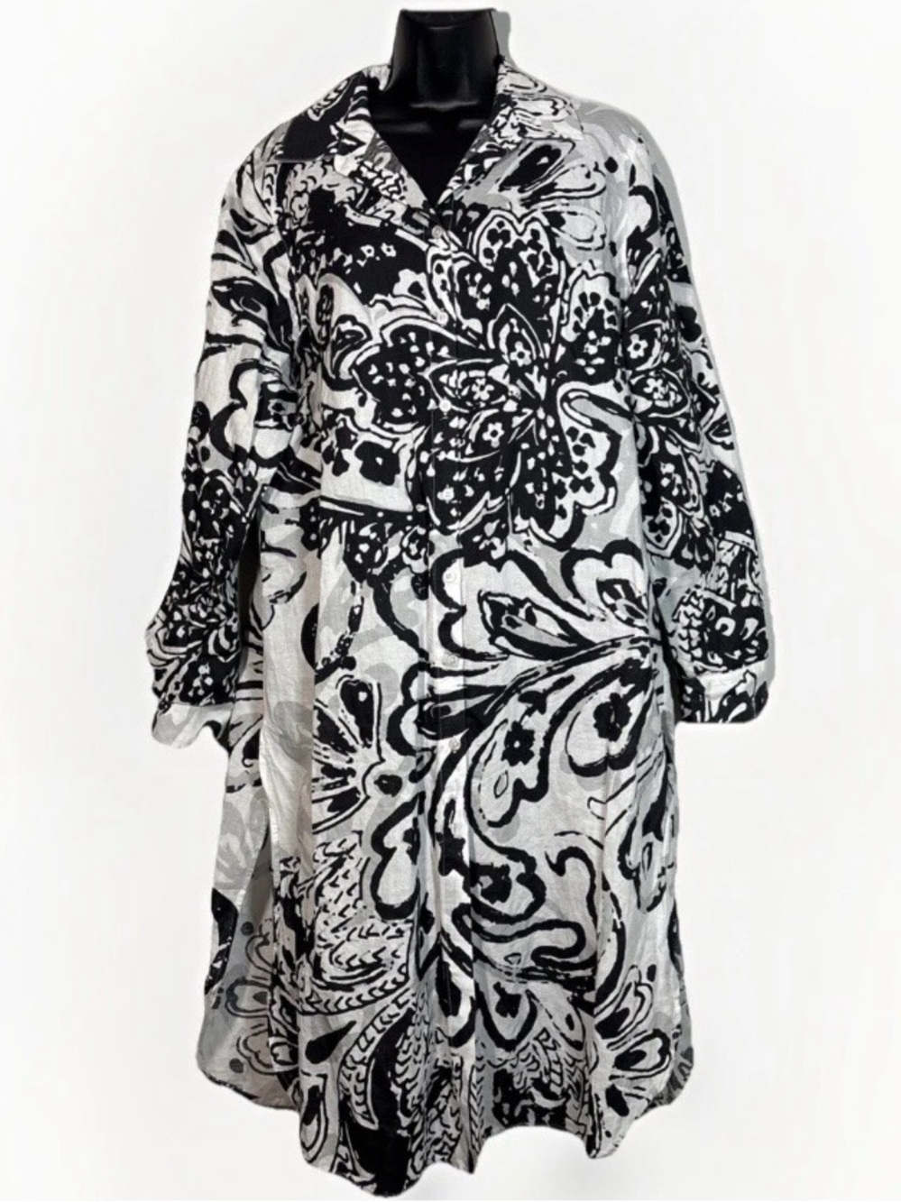 Chicos 2 L jacket Linen Cotton Button Up Duster White Black FloralShirt cover up